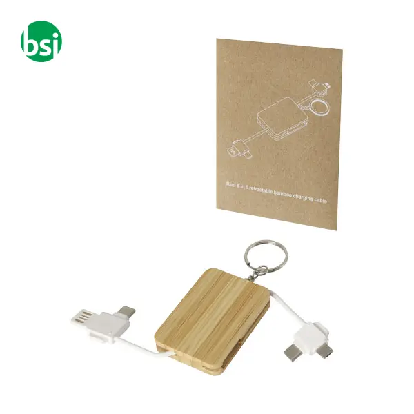 Reel 6-in-1 retractable bamboo key ring charging cable  - 124329 -  5