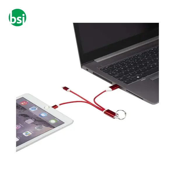 Metal 4-in-1 recycled aluminium charging cable with keychain -  4