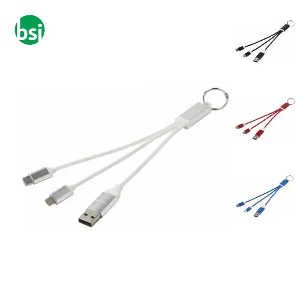 Metal 4-in-1 recycled aluminium charging cable with keychain -  1